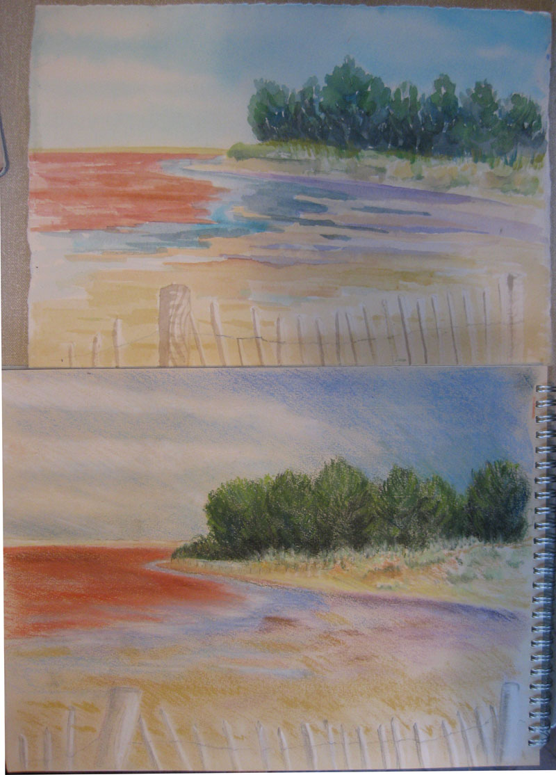 Jacqui's Holkham beach from another angle - top:watercolour and bottom pastels